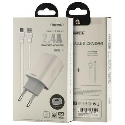 СЗУ + кабель Micro Remax Single USB Travel charger with 2.4A 1 m RP-U14 (White)